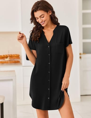 Ekouaer Nightgowns for Women Button Down Sleepshirts V Neck Sleep Dress - color: Black, size: Medium