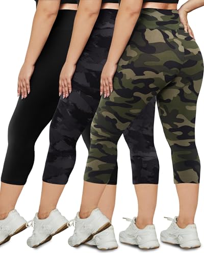HLTPRO 3 Pack Plus Size Leggings for Women, High-Waisted and Stretchy - color: Black/ Green Camouflage/ Splinter, size: 3X-Large Plus