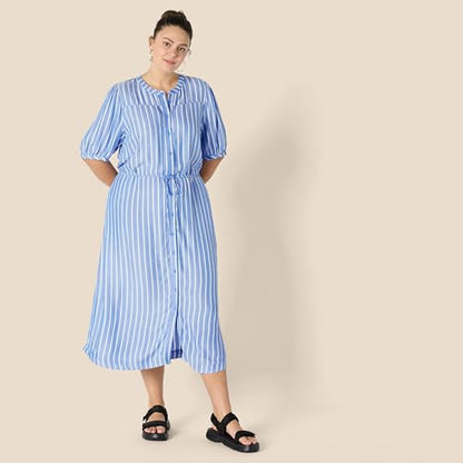 Amazon Essentials Women's Relaxed Fit Half-Sleeve Breathable Button Front Drawstring Waist Midi A-Line Dress with Pockets - color: French Blue/White Stripe, size: X-Large