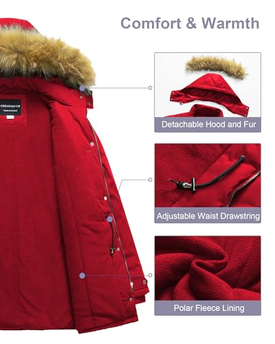 CREATMO US Women's Plus Size Winter Coat Waterproof Long Puffer Jacket Warm Military Thicken Parka with Fur Hood - color: Red, size: 2X