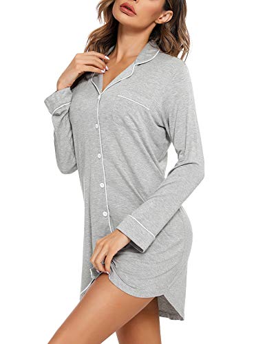 Samring Nightgowns for Women Long Sleeve Button Down Night Gown Sleepshirts - color: Light Grey, size: Small