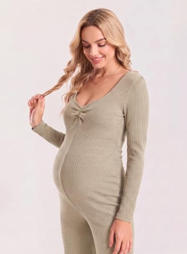 BLENCOT Maternity Ribbed Jumpsuit Long Sleeve Square Neck Stretchy Romper - color: Apricot, size: Small