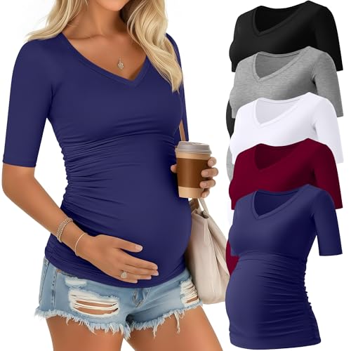 Riyiper 5 Pack Women's Maternity Shirts - color: Black, Light Gray, White, Navy Blue, Wine Red, size: Small