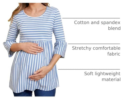 Ecavus Women's Maternity Shirt Striped Peplum 3/4 Sleeve Maternity Top - color: 01-sky Blue White Stripe, size: Medium