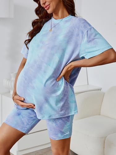 MakeMeChic Women's Maternity 2 Piece Outfit Tee Shirt and Biker Shorts - color: Purple, size: Large