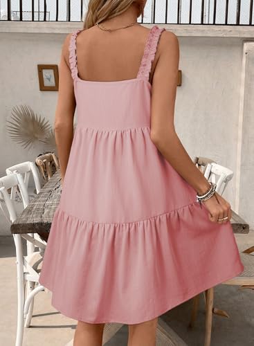 BLENCOT Maternity Dress Sleeveless Tie-Front Ruffle Strap Smocked Tiered Midi Dress with Pockets - color: Pink, size: Large