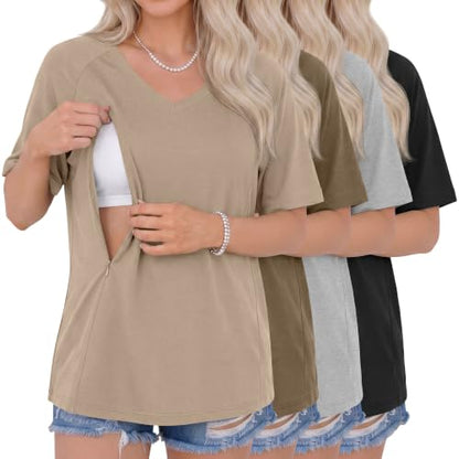 4 Pack Women's Nursing Short Sleeve Shirts - color: Khaki, Light Brown, Light Gray, Black, size: Large