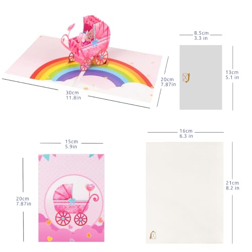 Pink Stroller New Baby Pop Up Cards, Baby Girl Card - style: Pink Rainbow Baby Carriage