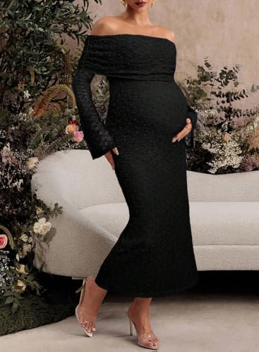 BLENCOT Womens Off Shoulder Flare Sleeve Split Bodycon Maternity Dress - color: Black, size: Medium