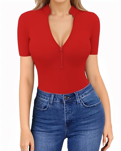 HERLOLLYCHIPS Womens Long Sleeve Top Short Sleeve V Neck Zip Up Sexy Shirts - color: E Short Sleeve Red, size: Small