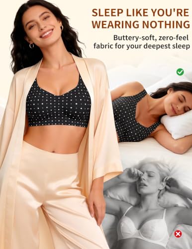 Wireless Pullover Sleep Bras for Women Seamless No Underwire T Shirt Bra - color: Black Polka Dot, size: Small