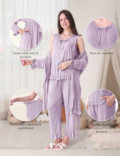 SUNNYBUY 3 PCS Ruffle Maternity Nursing Pajamas Set & Robe for Postpartum - color: Lavender, size: Medium