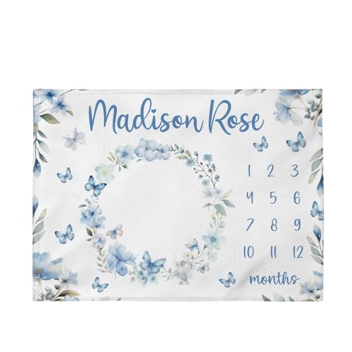 Pesonalized Infant Milestone Blanket Girl, Floral Butterfly Milestone Blanket, Personalized Baby Girl Month Throw, Blue Flower Nursery Custom Age Tracker New Mom Newborn Shower Gift - color: Floral Butterfly