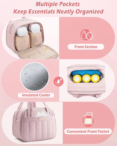 Marscamd Quilted Wearable Breast Pump Bag with Cooler Compartment - color: Pink