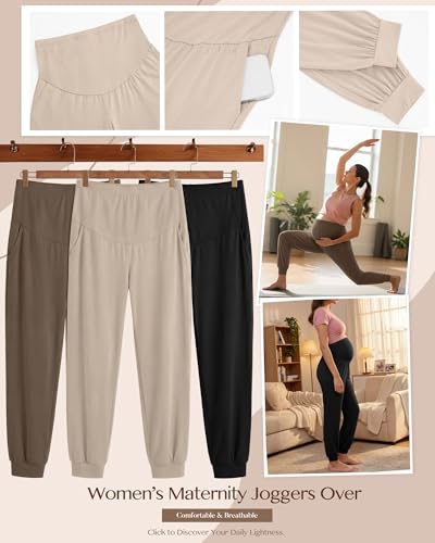 3 Pack Women's Maternity Pants Pregnancy Joggers - color: Apricot, Light Brown, Black, size: Small