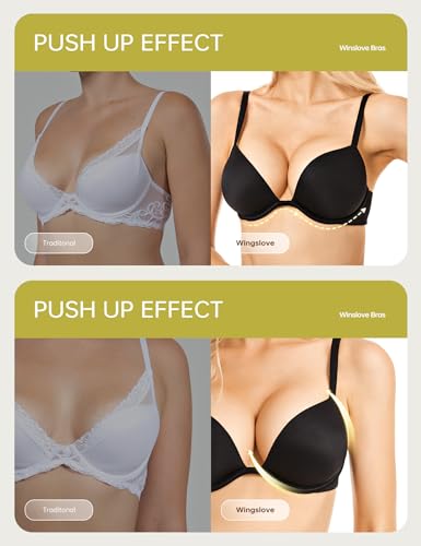 Wingslove Women's Push Up Bra Deep V Plunge Underwire T-Shirt Bra Multiway 2 Cups Up - color: Black, size: 32D