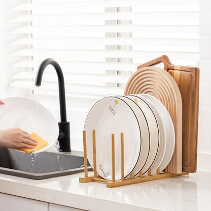 HBlife Heighten and Widen Bamboo Dish Drying Rack Plate Pot Lid Organizer - color: Rod 6inch High 8slots 1pcs