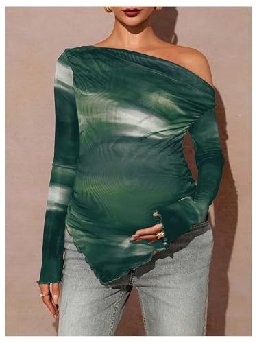 MakeMeChic Women's Maternity Clothes Fall Tie Dye Asymmetrical Blouse Tops - color: Green, size: X-Small