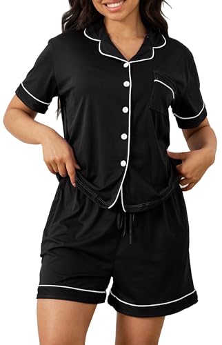 Vopmocld Women Pajama Shorts Sets Cozy 2pcs Button Down Sleepwear Solid PJS - color: Black, size: Medium