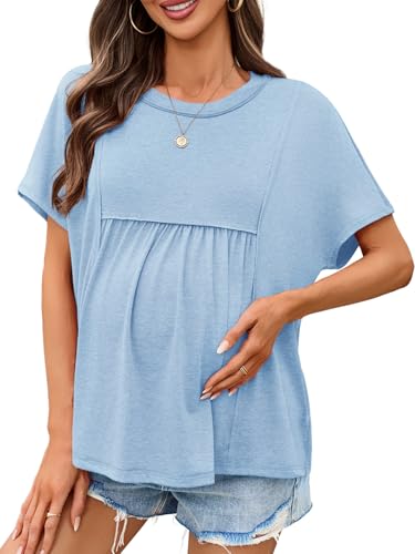 Tankaneo Womens Maternity Tops Batwing Short Sleeve Pregnancy T Shirts - color: Sky Blue, size: X-Large