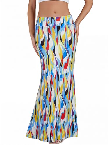 KIFOVEN Women's Foldover High Waist Maxi Skirt - color: Colorful Moire, size: Large