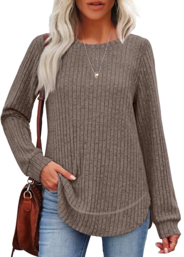 OFEEFAN Womens Sweaters Crew Neck Tunic Tops Long Sleeve Shirts Curved Hem - color: B-coffee, size: Small