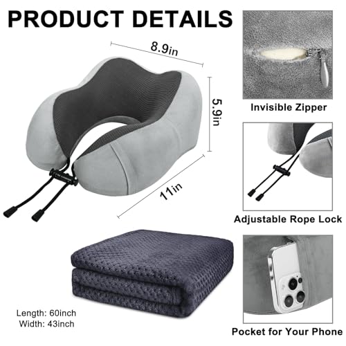 urnexttour Travel Pillow and Blanket Set Neck Pillow Airplane Memory Grey - color: B-grey