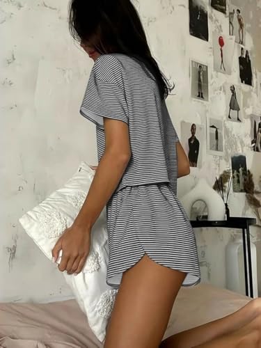 Ekouaer Womens Pajama Sets Sexy Lounge Sets Side Split Short Pj Sets - color: Black and White Stripes, size: Small