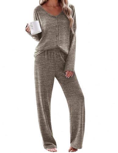 Ekouaer Womens Pajama Sets Button Up Long Sleeve Lounge Set Soft V Neck Pj - color: Brown, size: XX-Large