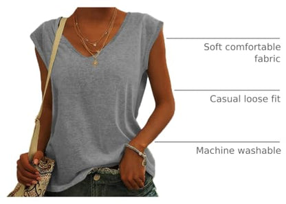 Langwyqu Womens' Cap Sleeve Tees Casual Loose Fit Basic Shirts Tank Tops - color: 00- Gray, size: Large
