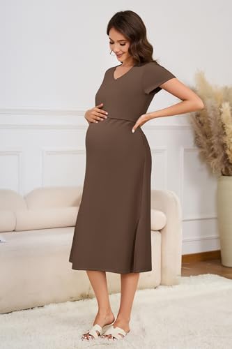 OUGES Womens 2026 Summer Short Sleeve Maternity Nursing Dress V Neck Breastfeeding Split Long Dress Pregnancy Clothes - color: Coffee, size: Small