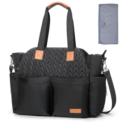 Lekebaby Diaper Bag Tote 17 Pockets Large Travel Diaper Black Twill - color: Black