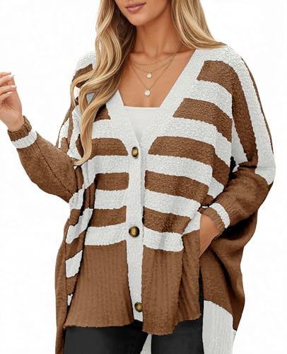 Saodimallsu Womens Oversized Striped Cardigan Fuzzy Knit Fall Sweaters - color: Coffee, size: Medium