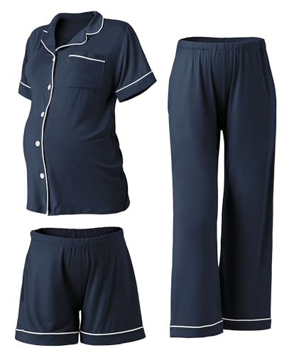 Rnxrbb Button Down Maternity Pajamas Set Nursing Postpartum Pjs Clothes - color: New-navy Blue, size: X-Small