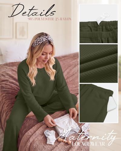 Huukeay Women's Maternity 2 Piece Waffle Outfits Lounge Set - color: Army Green, size: X-Large