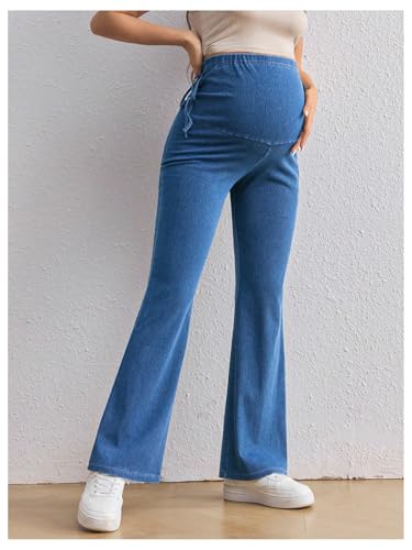 MakeMeChic Women's Maternity Jeans Elastic High Waisted Flared Leg Pregnancy Denim Pants - color: Blue, size: Large