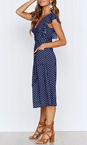 MITILLY Women's Boho Polka Dot Flutter Short Sleeve V Neck Button Down Swing Midi Dress with Pockets - color: 02 Dark Blue, size: Small