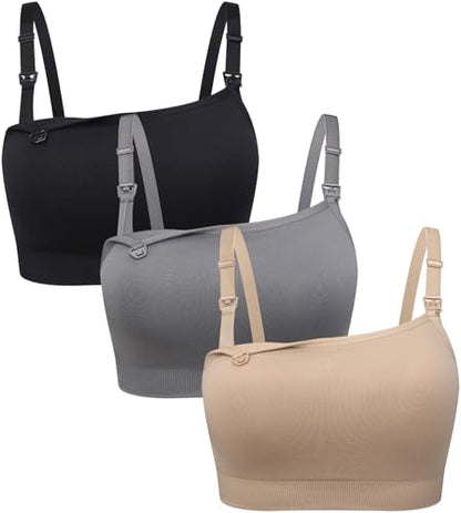 Suekaphin Square Neck Nursing Bra for Pregnancy Women Maternity Pull-On Breastfeeding Bra Fixed Cups - color: Black/Gray/Beige, size: Small