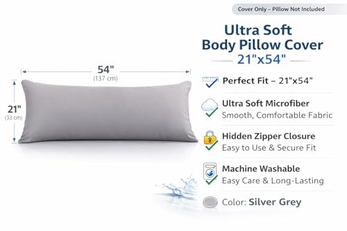 Evolive Ultra Soft Microfiber Body Pillow Cover/Pillowcases 21"x54" with Hidden Zipper Closure (Silver Grey) - color: Silver Grey