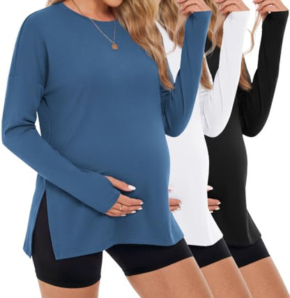 3 Pack Women Maternity Shirts Long Sleeve Pregnancy Tops with Thumb Hole - color: Black/White/Blue, size: Medium