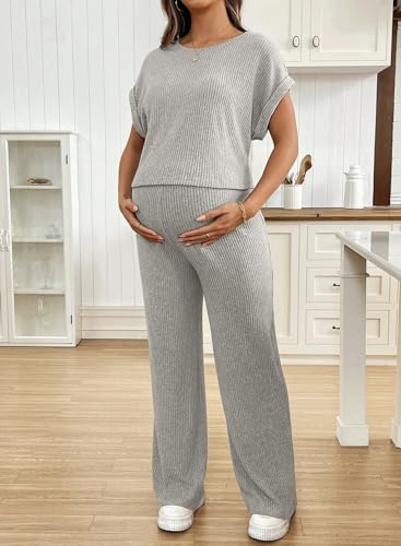 BLENCOT Maternity Sets Summer Ribbed Knit Pajamas Outfits - color: Gray, size: Medium