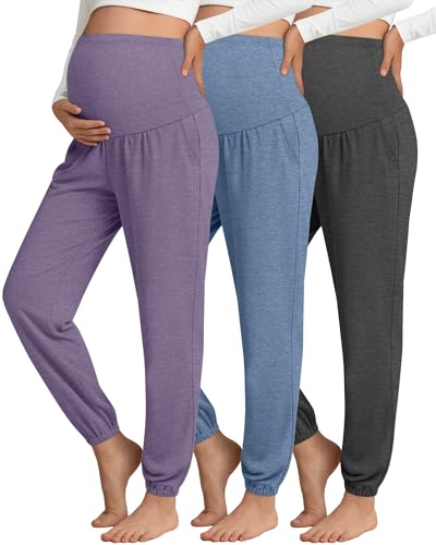 3 Pack Women's Maternity Jogger Pregnancy Sweatpants - color: Purple, Smoke Blue, Dark Gray, size: Medium
