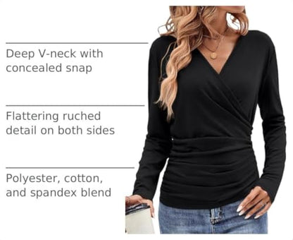 EasyGala Womens Wrap Long Sleeve Shirts Dressy Casual Slim Fit Ruched Tops - color: Black, size: Medium