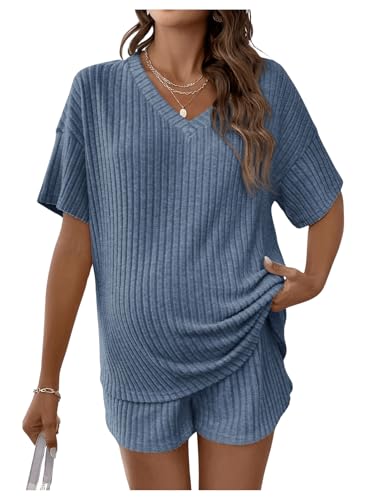 SweatyRocks Maternity 2 Piece Outfits T Shirts and Elastic Waist Shorts Set - color: Blue, size: Medium