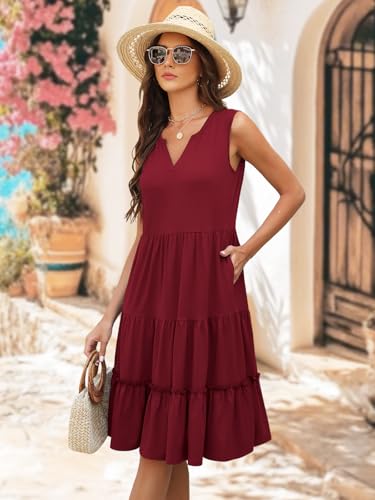 Summer Dresses for Women 2026 Flowy Casual Boho Midi Sun Dress with Pockets - color: Solid-red, size: Medium