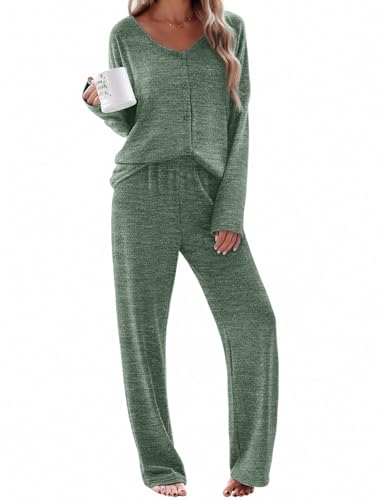 Ekouaer Womens Pajama Sets Button Up Long Sleeve Lounge Set Soft V Neck Pj - color: Army Green, size: Large