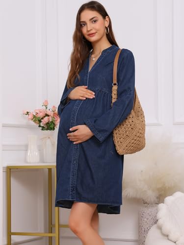 Women's Maternity Denim Dress Babydoll Long Sleeve Cotton Button Down Shirt Dresses Fall - color: Deep Blue, size: Large
