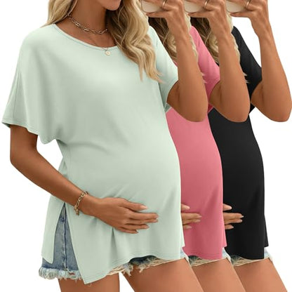 Riyiper 3 Pack Women's Maternity Tunic Cotton Shirts - color: Gray Green, Brick Red, Black, size: X-Large