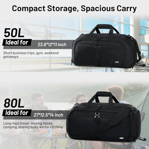 MIER Packable Travel Duffle Bag with Shoe Compartment, 50L, Black - color: Black, size: 50L