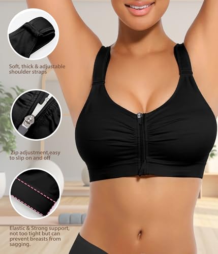 Zip Front Closure Everyday Bra for Women Post Surgery Compression Bras with Adjustable Straps Wirefree - color: Black, size: X-Small